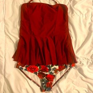 NWOT Floral SHEIN Women’s Tankini Swimsuit Red Roses L High Waisted Peplum